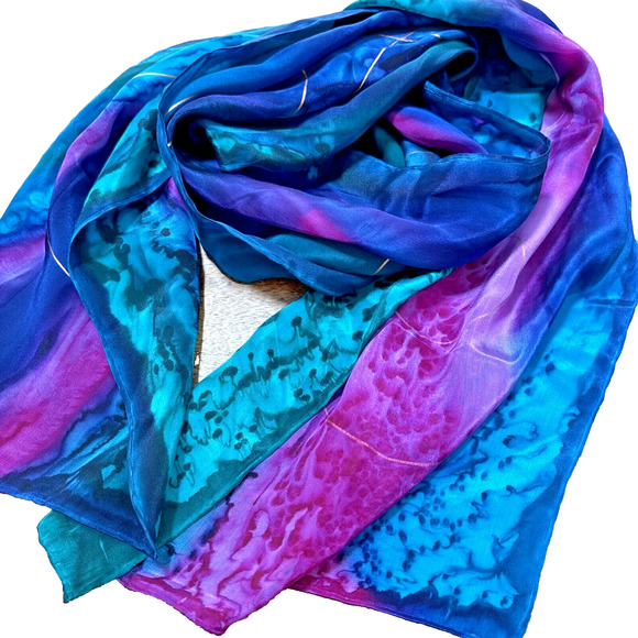 Artisan Hand Painted Pure Silk Scarf Gem Tone Colors Gold Swirls Long Rectangle - Picture 9 of 11
